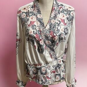 Inc faux wrap blouse. Blue paisley and floral , sz large